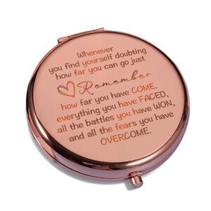 NEW-Rose Gold Portable Compact Mirror with Inspirational Quote- Stainless Steel